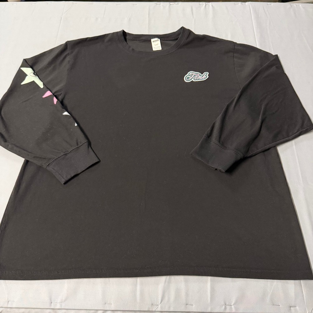 Victoria's Secret PINK Long Sleeve Graphic Tee Black Star Sleeve XL